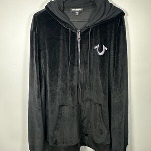 True Religion XL Black Velour Zip Hoodie Large Back Logo Graphic